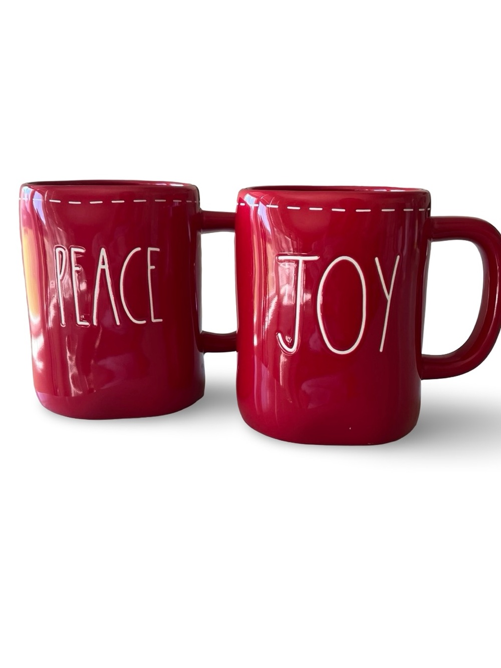 Rae Dunn Red PEACE JOY Mug Set Stitched Rim Holiday Christmas LL Set of 2